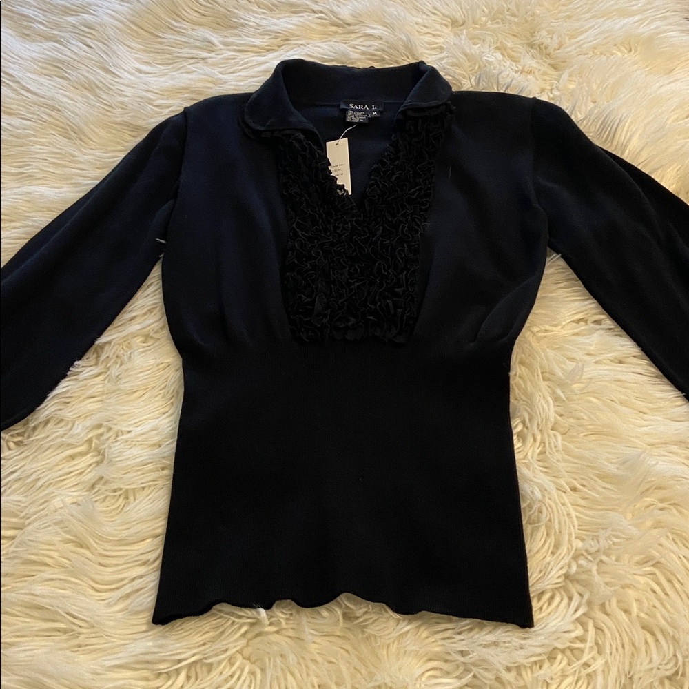 Sara L Black Mid Sleeve Top with Ruffle Detail size M brand new length 27” - Picture 6 of 8